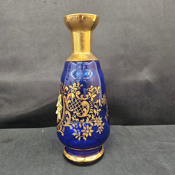 Hut Jakub Tasice Blue Cobalt Gilded Vase with Enamel Hand Painting Czech 8" - Picture 5 of 9